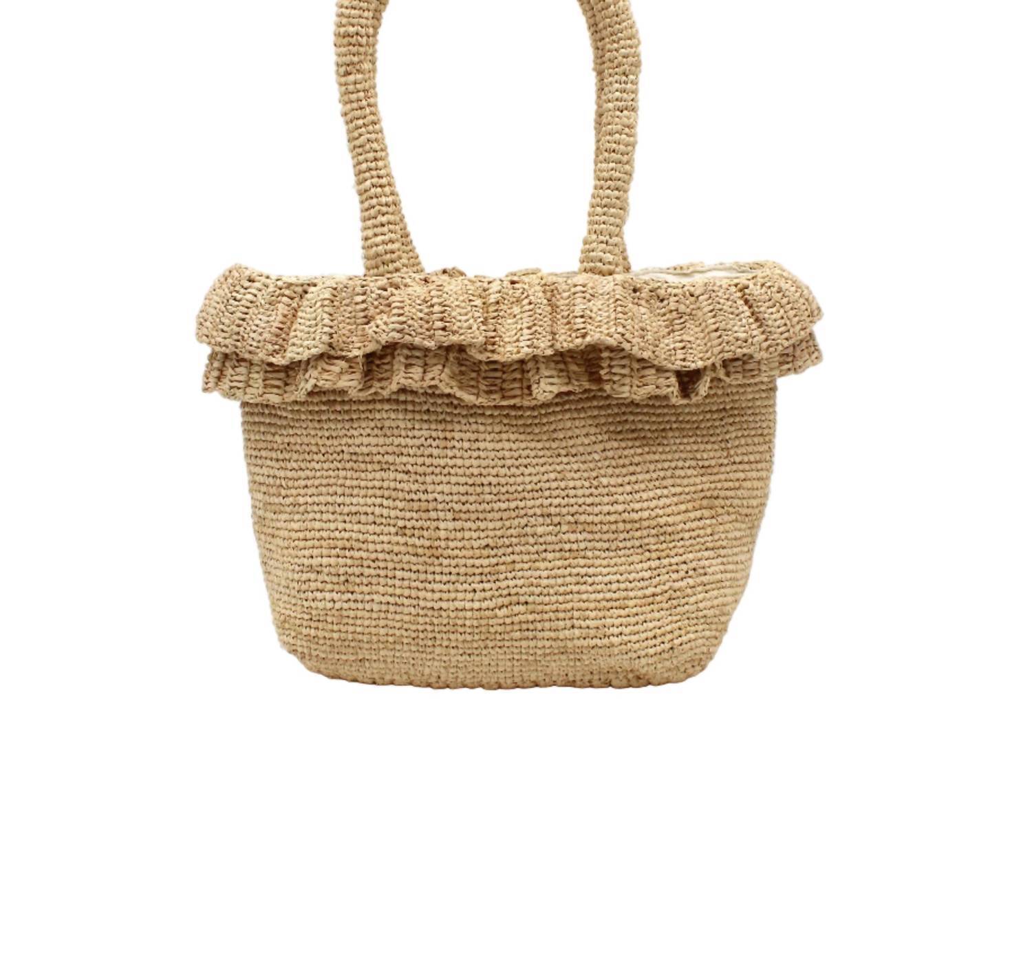 New Shebobo Women's Kiri Ruffle Crochet Raffia Straw Basket Handbag In Beige